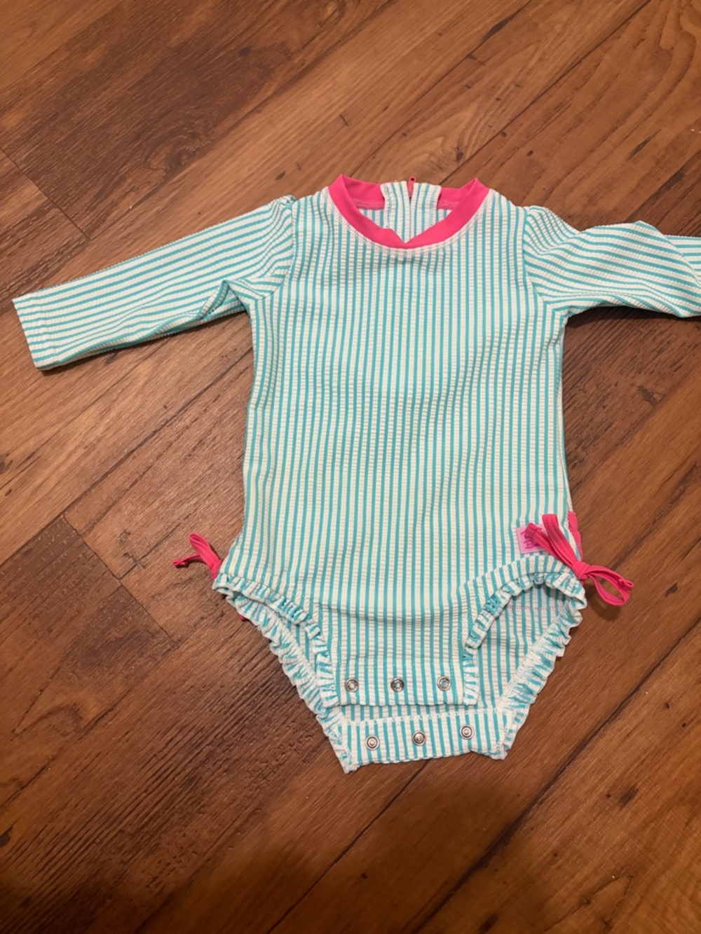 Ruffle Butts Mint Green Stripe One-Piece Swimsuit with Pink Trim